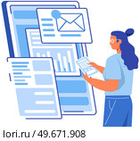 Woman looks at email inbox, browses mail, studies analytics, reports and statistics. Lady analyzes statistical report, business information on digital document. Businesswoman works with online data. Woman looks at email inbox, browses mail, studies analytics, reports and statistics document. Стоковая иллюстрация, агентство Ingram Publishing / Фотобанк Лори