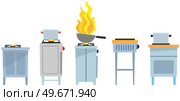 Cooking pots and pans on gas stoves. Saucepan, frying and dripping pan for kitchen cook. Kitchen equipment for preparing dishes. Set of cooking surfaces with utensils, kitchenware vector illustration. Set of cooking surfaces with utensils, kitchenware. Kitchen equipment for preparing dishes on stove. Стоковая иллюстрация, агентство Ingram Publishing / Фотобанк Лори