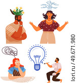 Mindset types set structural, analytical, logical and creative artistic personality predisposition, people with different thinking concept. Mind behavior, mental perceiving, psychological concept. Mindset types set structural, analytical, logical and creative artistic personality predisposition. Стоковая иллюстрация, агентство Ingram Publishing / Фотобанк Лори