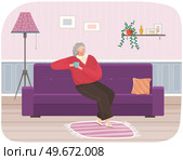 Adult woman sitting on couch at home drinking coffee resting after work, thinking about something. Female character stay in apartment sitting on sofa, drinking tea, enjoying free time, dreaming. Adult woman sitting on couch at home drinking coffee resting after work, thinking about something. Стоковая иллюстрация, агентство Ingram Publishing / Фотобанк Лори
