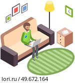 Man in casual outfit sitting at home on comfortable couch and browsing or working on laptop at his laps. Flat style isometric vector illustration. Freelance, online education or social media concept. Man in casual outfit sitting at home on comfortable couch, browsing or working on laptop at his laps. Стоковая иллюстрация, агентство Ingram Publishing / Фотобанк Лори