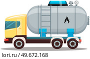 Transportation of huge metal tank with industrial liquefied compressed oxygen, petroleum, propane. Gas cylinder with high pressure and valves. Gas cylinder, pressurized substance storage on truck. Transportation of huge metal tank with propane. Gas cylinder, pressurized substance storage on truck. Стоковая иллюстрация, агентство Ingram Publishing / Фотобанк Лори