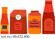 Sauces and spices, ketchup in bottles set. Ingredient used for flavoring, coloring or preserving food. Tomato sauces in plastic or glass containers. Spicy and mild liquids vector illustration. Spices, ketchup, salsa, food ingredients in bottles set. Tomato sauce in plastic or glass containers. Стоковая иллюстрация, агентство Ingram Publishing / Фотобанк Лори