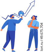 Reading report, survey concept. Man with magnifying glass looking for information in text document. Employee analyzes term of contract. Analysis data launch of new business project. Check startup data. Man with loupe looking for information in text document. Symbol of startup launch. Стоковая иллюстрация, агентство Ingram Publishing / Фотобанк Лори