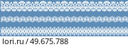 Set of wide lace ribbons with print. White design elements isolated on blue background. Seamless pattern for creating style of card with ornaments. Lace decoration template, ribbons for design. Seamless pattern for creating cards style. Lace decoration template, ribbon with ornament for design. Стоковая иллюстрация, агентство Ingram Publishing / Фотобанк Лори