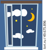 Night out window icon in cartoon style isolated on blue background. Night sky with stars, clouds and moon seen through window. Sleep and rest symbol stock vector illustration, midnight inside. Night out window icon in cartoon style on blue background. Night sky with stars, clouds and moon. Стоковая иллюстрация, агентство Ingram Publishing / Фотобанк Лори