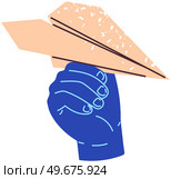 Origami, cute craft with message in human hand. Person holds and launches airplane made of paper. Folded sheet of paper, letter in shape of plane. Airplane launch, aircraft creation, mailing concept. Person holds and launches airplane made of paper. Folded letter in shape of plane for mailing. Стоковая иллюстрация, агентство Ingram Publishing / Фотобанк Лори