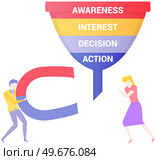People analysing sales funnel with stages of customer behavior. Change in interest of client, magnet as symbol of attracting customer. Man and woman working with analysis of business market, marketing. People analyse sales funnel with stages of customer behavior, magnet as symbol of attracting client. Стоковая иллюстрация, агентство Ingram Publishing / Фотобанк Лори