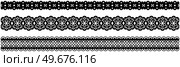 Set of wide lace ribbons with print. Black design elements isolated on white background. Seamless pattern for creating style of card with ornaments. Lace decoration template, ribbons for design. Seamless pattern for creating cards style. Lace decoration template, ribbon with ornament for design. Стоковая иллюстрация, агентство Ingram Publishing / Фотобанк Лори