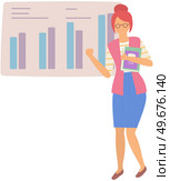 Woman looking at statistics diagram. Businesswoman analysing report with statistical indicators. Girl examines results of analysis. Personal investment, finance, funding, capital accumulation concept. Woman analysing report with statistical indicators. Lady examines results of investment analysis. Стоковая иллюстрация, агентство Ingram Publishing / Фотобанк Лори