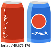 Aerated sweet drink, sparkling fruit-flavored beverage. Set of aluminum cans with lemonades, fizzy drinks. Sweet soft drink, carbonated liquid. Soda, cans vecto illustration. Set of aluminum cans with lemonades, fizzy drinks. Sweet soft beverages, carbonated liquid. Стоковая иллюстрация, агентство Ingram Publishing / Фотобанк Лори