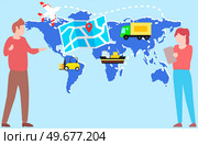 Man and woman working in logistics, worldwide shipping. People analyse map with location pointer. Colleagues monitoring orders and transport for delivery of products. Map of worldvide delivery. Man and woman working in logistics, worldwide shipping. People analyse map of transport for delivery. Стоковая иллюстрация, агентство Ingram Publishing / Фотобанк Лори