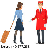 Young man in uniform working as bellboy. Doorman helps girl with luggage. Hotel employee communicates with female visitor. Woman gives suitcase to receptionist. Porter and lady vector illustration. Young man in uniform working as bellboy in hotel. Doorman helps female visitor with luggage. Стоковая иллюстрация, агентство Ingram Publishing / Фотобанк Лори