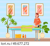 Masseur massaging face of female patient. Therapist gives massage to young woman lying on couch. Girl touches face of client and relaxes skin. Cosmetology procedures, healthcare in medical clinic. Masseur massaging face of female patient. Therapist gives massage to young woman lying on couch. Стоковая иллюстрация, агентство Ingram Publishing / Фотобанк Лори