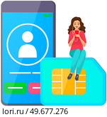 Lady with headphones sitting on SIM card uses smartphone to call. Application for communication in phone vector illustration. Girl selects contact in mobile app. Display with call icons on screen. Lady with headphones sitting on SIM card uses smartphone to call, communicate with contacts. Стоковая иллюстрация, агентство Ingram Publishing / Фотобанк Лори