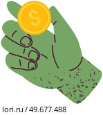 Hand holding gold money coin. Cash for payment, dollar coin, penny, kopek. Gold money for cash payment. Pennies for transactions with money. Currency in human hand isolated on white background. Cash for payment, dollar coin, penny, kopek. Currency in human hand for transactions with money. Стоковая иллюстрация, агентство Ingram Publishing / Фотобанк Лори