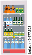 Showcase refrigerator for cool drinks in bottles. Fridge dispenser cooling machine with lemonades and water in plastic and glass containers. Cooling equipment for supermarket, grocery store. Cooling equipment for supermarket, grocery store. Showcase refrigerator for cool drinks in bottles. Стоковая иллюстрация, агентство Ingram Publishing / Фотобанк Лори