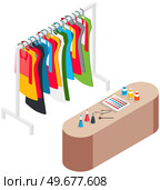 Stand with clothes and costumes. Hanger for home or boutique interior. Colored dresses and shirts on hangers for fitting room. Wardrobe items on stand. Choosing clothes, garments for outfit concept. Stand with clothes and costumes. Hanger for home or boutique interior. Wardrobe items for outfit. Стоковая иллюстрация, агентство Ingram Publishing / Фотобанк Лори