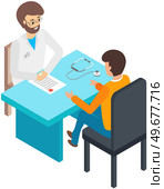 Male doctor and patient sitting at table. Man consulting with physician about health. Diagnostic, treatment and medical consultation in hospital concept. Sick person communicates with therapist. Man consulting with physician about health. Sick person communicates with therapist on consultation. Стоковая иллюстрация, агентство Ingram Publishing / Фотобанк Лори