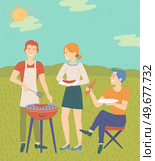 People grilling meat, cooking out. Man and woman preparing steak for picnic, Boyfriend and girlfriend on barbeque. Couple or friends spending weekends together. Barbecue, picnic, outdoor recreation. People grilling bbq meat, cooking out. Man and woman preparing steak for picnic, barbeque. Стоковая иллюстрация, агентство Ingram Publishing / Фотобанк Лори
