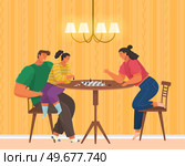 Mother, father and daughter playing board game together. Family members playing chess at home together, parents with child thinking of chess strategy during game. Competition between adults and kids. Mother, father and daughter playing board game together. Family members playing chess at home. Стоковая иллюстрация, агентство Ingram Publishing / Фотобанк Лори