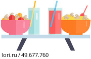 Natural and healthy food, products vector illustration. Diet meals and glasses of drinks on table. Full sized vegetable salads, water and fresh juice. Proper nutrition, diet and cheat meal concept. Diet meals and glasses of drinks on table. Full sized vegetable salads, water and fresh juice. Стоковая иллюстрация, агентство Ingram Publishing / Фотобанк Лори