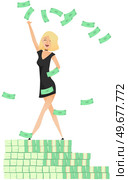 Woman is showing a lot of money. Cash is falling on background. Happy girl stands on bundles of banknotes. rich, successful businesswoman rejoices in rain of cash. Bunch of finance, millionaire. Woman is showing a lot of money. Banknotes is falling on background. Rich, successful girl. Стоковая иллюстрация, агентство Ingram Publishing / Фотобанк Лори