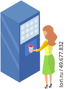 Woman buying water in vending machine. Female character uses automated self service device with snack and beverages. Modern equipment for office or business center. Appliance with food and drinks. Woman buying water in vending machine. Female character uses automated self service device. Стоковая иллюстрация, агентство Ingram Publishing / Фотобанк Лори