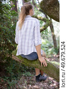 rear-view of woman sitting on a tree branch. Стоковое фото, агентство Ingram Publishing / Фотобанк Лори