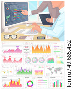 Analytics information and business development. Web analysis measure, product testing technology. People analyse digital report on computer. Set of diagrams with statistical indicators and data. Set of diagrams with statistical indicators and data. People analyse digital report on computer. Стоковая иллюстрация, агентство Ingram Publishing / Фотобанк Лори