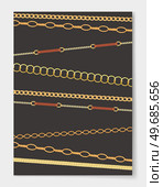Metal chainlets with variety chain links. Gold, silver, stainless steel necklaces vector illustration isolated on black background. Jewelry from precious metals. For jewelry store ad, fashion concept. Metal chainlets with variety chain links. Gold silver stainless steel necklaces on black background. Стоковая иллюстрация, агентство Ingram Publishing / Фотобанк Лори