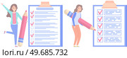 Positive and negative business women with giant pencils nearby marked checklist on clipboard paper. Successful completion of business tasks, time management, scheduling. Ladies planning checklist. Positive and negative business women with giant pencils nearby marked checklist on clipboard paper. Стоковая иллюстрация, агентство Ingram Publishing / Фотобанк Лори