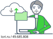 Man works with virtual cloud storage. Program for saving information and personal data protection. Virtualized storage system for computer. Male character stores online data in digital cloud website. Man works with virtual cloud storage via Internet. Guy using program for saving personal data. Стоковая иллюстрация, агентство Ingram Publishing / Фотобанк Лори