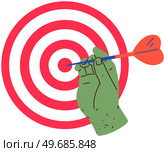 Human hand with tools for playing darts vector illustration. Dart throw as symbol of success, goal achievement. Hand holding dart with sharp tip and throws at target. Hitting target as successful game. Hand holding dart with sharp tip and throws at target. Symbol of success, goal achievement. Стоковая иллюстрация, агентство Ingram Publishing / Фотобанк Лори