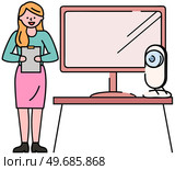 Girl makes presentation in audience. Equipment for work and study, computer and webcam. Lady tells results of research near monitor. Woman showing project presentation on screen while recording video. Woman showing project ion on screen while recording video. Girl makes presentation in audience. Стоковая иллюстрация, агентство Ingram Publishing / Фотобанк Лори