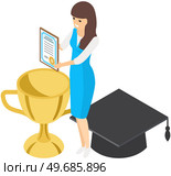 Graduation ceremony. Female student in academic cap, graduating from university, receiving education document. End of education, diploma as reward for successful study. Degree certificate receiving. Graduation ceremony. Female student in academic cap, graduating from university, receiving diploma. Стоковая иллюстрация, агентство Ingram Publishing / Фотобанк Лори