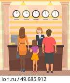 Young family standing at reception desk. People communicating with hotel administrator. Registration and receipt of hotel room. Facility staff services visitors, helps with booking. Young family with suitcases standing at reception desk. People communicate with hotel administrator. Стоковая иллюстрация, агентство Ingram Publishing / Фотобанк Лори