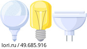 Set of light bulbs and lamps. Electric LEDs and incandescent lamps or energy-saving lighting fixtures. Light bulbs with different base shapes. Electrical appliances for creating interior light. Set of light bulbs. Electric LEDs and incandescent lamps. Electrical appliances for lighting. Стоковая иллюстрация, агентство Ingram Publishing / Фотобанк Лори