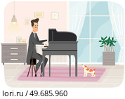 Pianist character in concert costume playing musical composition on grand piano for symphonic orchestra or opera performance on stage. Talented artist member of musical group plays keyboard instrument. Pianist character musician in concert costume playing musical composition on grand piano on stage. Стоковая иллюстрация, агентство Ingram Publishing / Фотобанк Лори