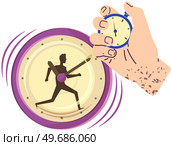 Precise device, stopwatch for measuring time during competition. Hand holds stopwatch and counts minutes. Time spent reporting watch vector illustration. Clock with image of runner, athlete. Precise device, stopwatch for measuring time during competition. Clock with image of runner, athlete. Стоковая иллюстрация, агентство Ingram Publishing / Фотобанк Лори