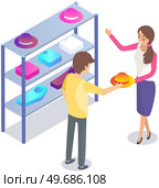 Woman choosing clothes in store with consultant. Shop assistant helps buyer to try on hat during shopping. Customer service in mall. People stand near shelves with clothes in store or boutique. Woman choosing clothes in store with consultant. Shop assistant helps buyer to choose hat in mall. Стоковая иллюстрация, агентство Ingram Publishing / Фотобанк Лори