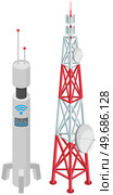 5G network technology. Communication tower wireless high speed internet. Base station, mobile data tower, cellular equipment, telecommunication signal transmitter, antenna. Connection equipment. 5G network technology. Communication tower wireless high speed internet. Connection equipment. Стоковая иллюстрация, агентство Ingram Publishing / Фотобанк Лори