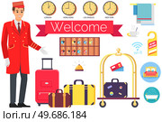 Young man working as bellboy surrounded by hotel symbols. Hotel employee in work clothes. Personnel for carrying luggage and opening doors. Doorkeeper, doorman, receptionist, porter in red uniform. Young man working as bellboy surrounded by hotel symbols. Doorman, receptionist, porter in uniform. Стоковая иллюстрация, агентство Ingram Publishing / Фотобанк Лори