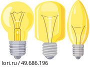Set of light bulbs and lamps. Electric LEDs and incandescent lamps or energy-saving lighting fixtures. Light bulbs with different base shapes. Electrical appliances for creating interior light. Set of light bulbs. Electric LEDs and incandescent lamps. Electrical appliances for lighting. Стоковая иллюстрация, агентство Ingram Publishing / Фотобанк Лори
