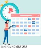 Business woman planning schedule. Time management, tasks scheduling, calendar, reminder and timetable. Save time and money concept. Female employee works to create weekly plan and deal with deadline. Business woman planning schedule. Female employee works to create weekly plan and deal with deadline. Стоковая иллюстрация, агентство Ingram Publishing / Фотобанк Лори