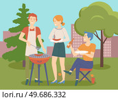 People grilling meat, cooking out. Man and woman preparing steak for picnic, Boyfriend and girlfriend on barbeque. Couple or friends spending weekends together. Barbecue, picnic, outdoor recreation. People grilling bbq meat, cooking out. Man and woman preparing steak for picnic, barbeque. Стоковая иллюстрация, агентство Ingram Publishing / Фотобанк Лори