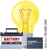 Electric LED, incandescent lamp and battery for charging. Electrical appliance for creating light. Light bulb near battery, electricity generator vector illustration. Charging device using accumulator. Electric LED, incandescent lamp and battery for charging. Light bulb near electricity generator. Стоковая иллюстрация, агентство Ingram Publishing / Фотобанк Лори