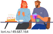 Man surprises his girlfriend or spouse with present in cafe. Couple on romantic date in restaurant. Guy giving gift to young lady. People in relationships spend time together for anniversary. Man surprises his girlfriend or spouse with present in cafe. Couple on romantic date in restaurant. Стоковая иллюстрация, агентство Ingram Publishing / Фотобанк Лори