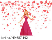 Romantic singer woman. Young woman in beautiful dress sings song with great inspiration isolated on white. Pretty girl vocalist performs melody stands under stream of falling hearts, Valentines Day. Romantic singer woman. Young woman in beautiful dress sings song with great inspiration on stage. Стоковая иллюстрация, агентство Ingram Publishing / Фотобанк Лори