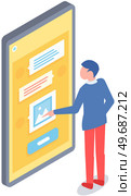 Man interacts with screen digital device presses app button on smartphone. Monitor, board with infographic. Concept of business assistance. Interactive touch screen with application, phone service. Man interacts with screen digital device presses app button on smartphone. Interactive touch screen. Стоковая иллюстрация, агентство Ingram Publishing / Фотобанк Лори